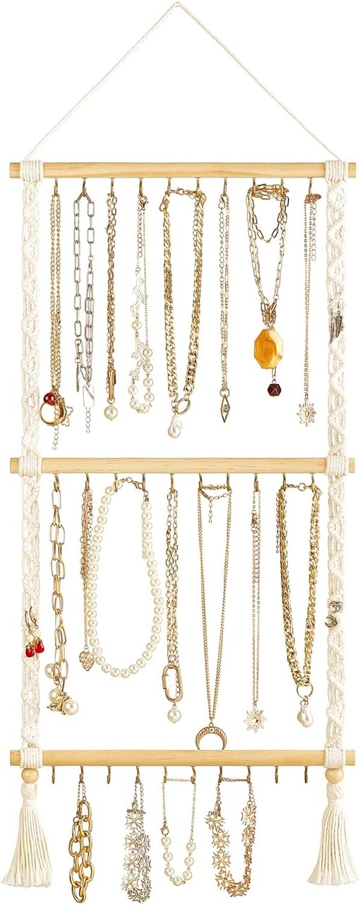 Boho Macrame Jewelry Organizer – Wall or Over-Door Necklace Holder with 30 Hooks, Tassel Design for Necklaces, Bracelets, Earrings, Headbands, and Bows